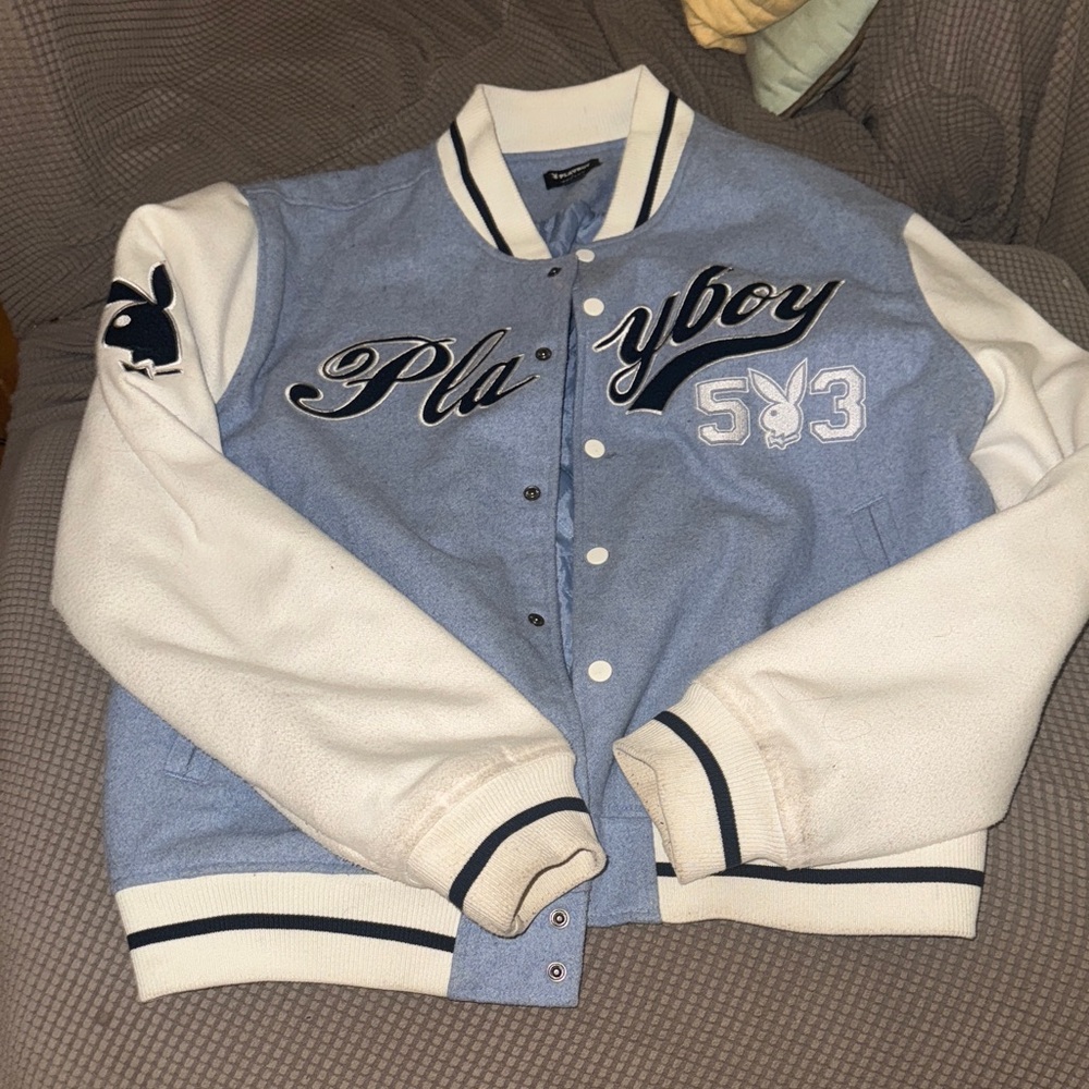 PLAYBOY Light Blue and White Letterman Jacket